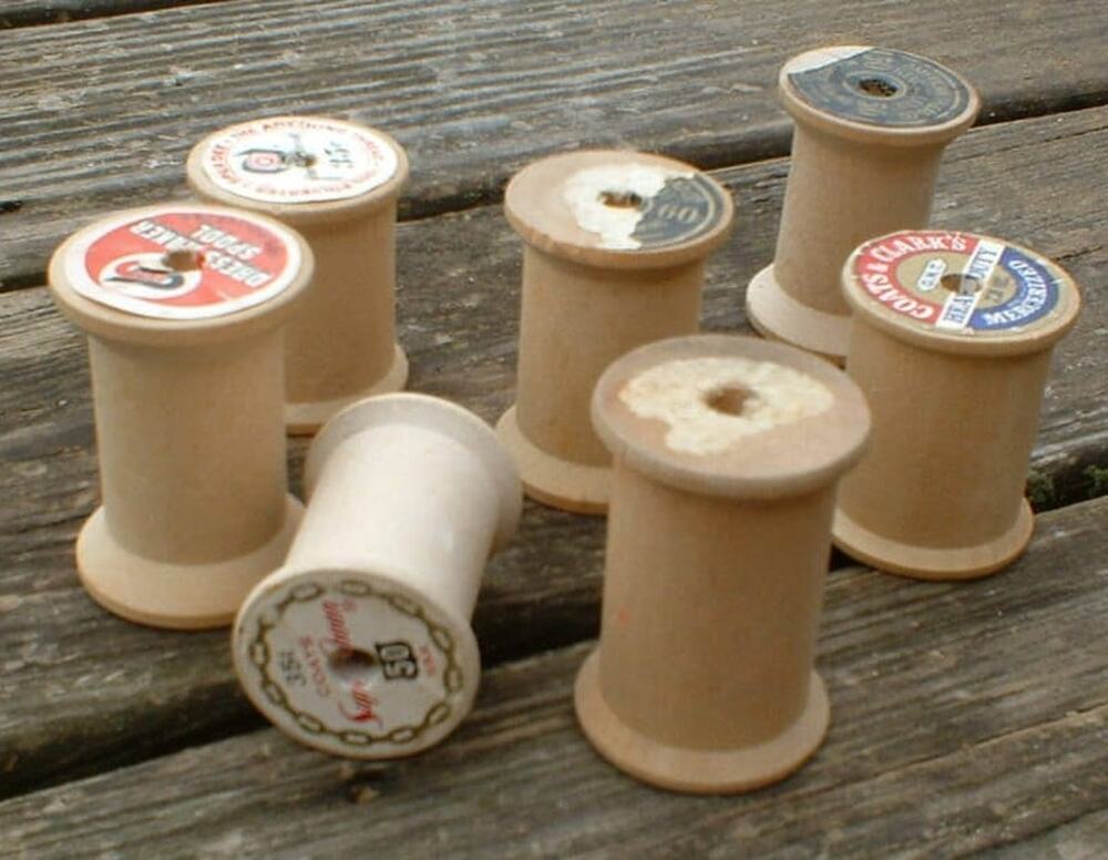 Seven Vintage Large Wooden Spools